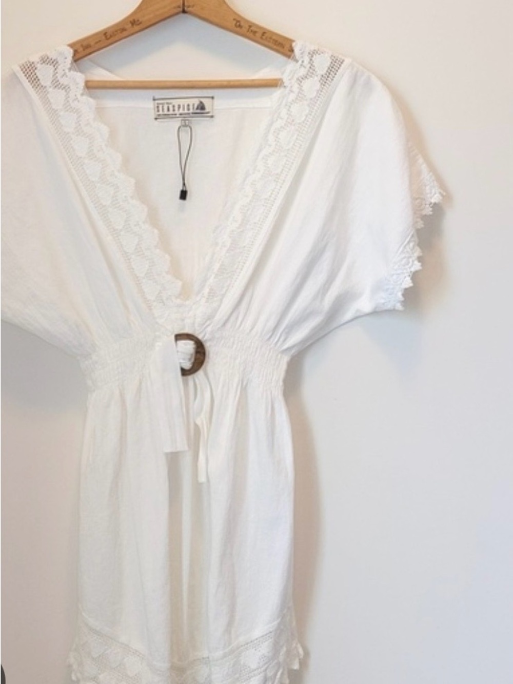 White Lace-Trim V-Neck Summer Dress 100 percent Peruvian cotton